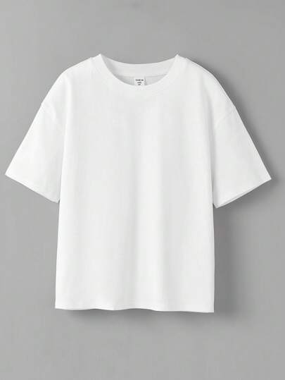 SHEIN T-shirt D'épaule Tombante Décontracté À Col Rond Et À Manches Courtes, Couleur Unie Pour Garçon Adolescent