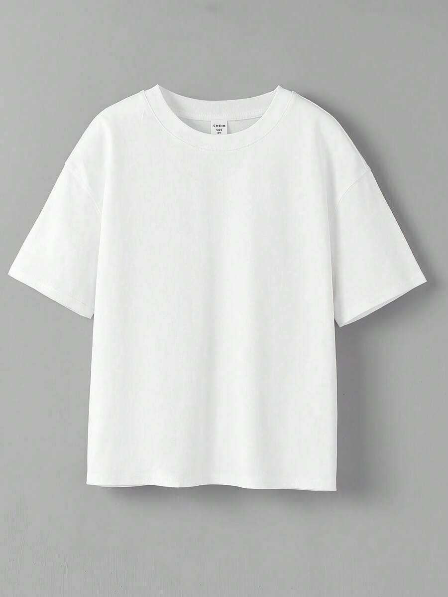 SHEIN Camiseta Casual De Hombro Caído De Color Sólido De Manga Corta Con Cuello Redondo De Verano Para Niños Preadolescentes - Blanco - Ver 1