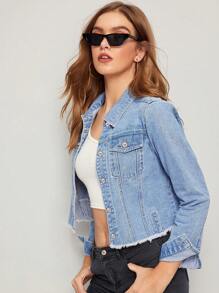 SHEIN Frenchy Raw Hem Flap Pocket Denim Jacket Winter - Light Wash - View 5