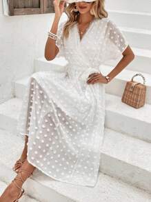 SHEIN VCAY Swiss Dot Surplice Neck Belted Dress - White - View 1