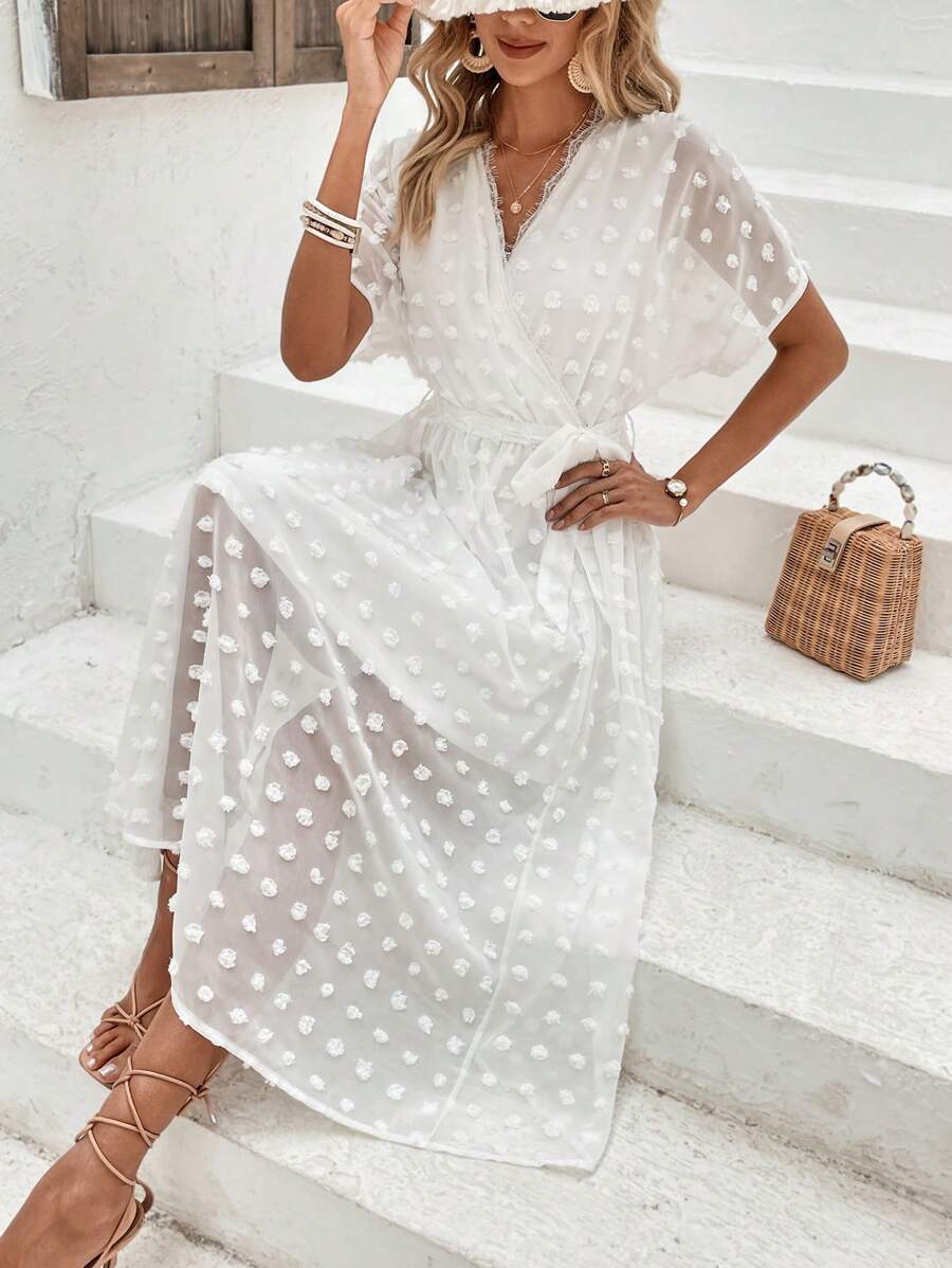 SHEIN VCAY Swiss Dot Surplice Neck Belted Dress - White - View 1