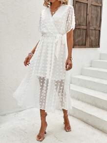 SHEIN VCAY Swiss Dot Surplice Neck Belted Dress - White - View 5