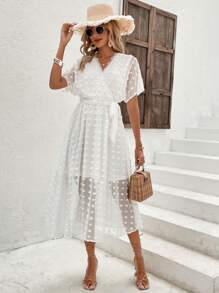 SHEIN VCAY Swiss Dot Surplice Neck Belted Dress - White - View 6