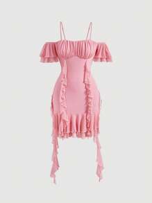 SHEIN MOD Vestido de hombros descubiertos ribete con fruncido pecho con fruncido dos bajo a capas - Rosa - Ver 1
