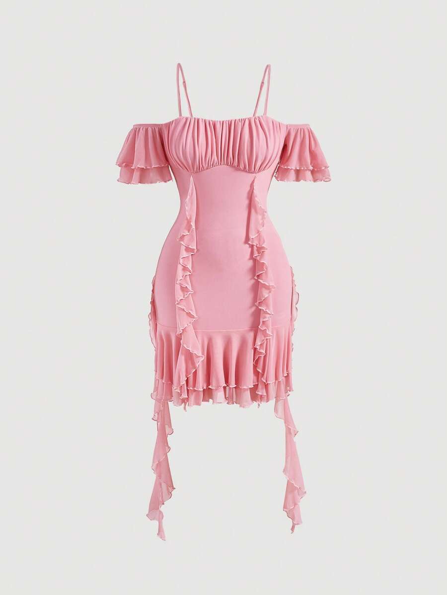 SHEIN MOD Vestido de hombros descubiertos ribete con fruncido pecho con fruncido dos bajo a capas - Rosa - Ver 1