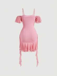 SHEIN MOD Vestido de hombros descubiertos ribete con fruncido pecho con fruncido dos bajo a capas - Rosa - Ver 2