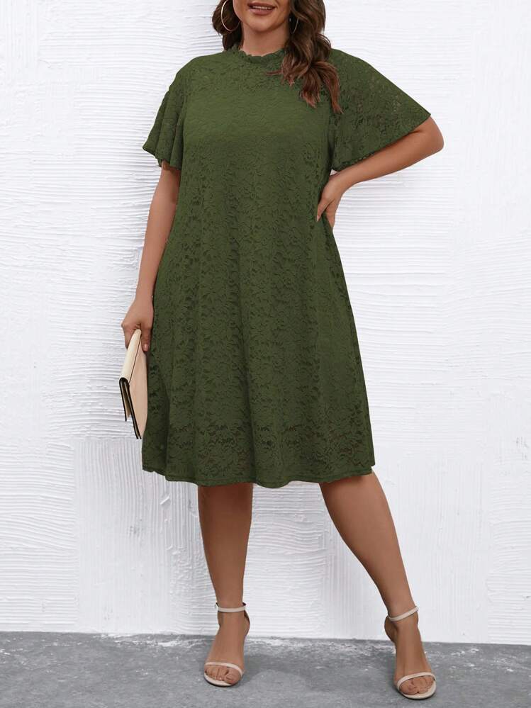 SHEIN LUNE Vestido con encaje floral de manga mariposa - Verde militar - Añade 1