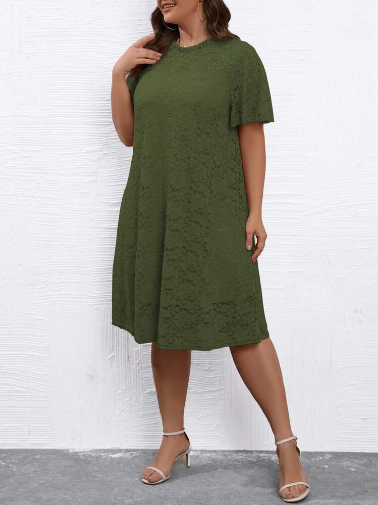 SHEIN LUNE Vestido con encaje floral de manga mariposa - Verde militar - Añade 3