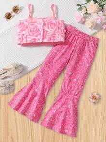 SHEIN Bộ thời trang bé gái Đề can Viên lá sen Hoa Dễ thương - Màu Hồng Tươi - Xem 2