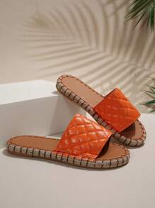 Plus Size Casual Woven Strap Rope Sole Slippers, Plaid Beach Sandals,Spring Summer Outfits - Orange - View 5