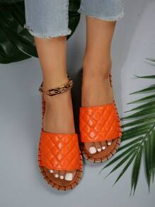 Plus Size Casual Woven Strap Rope Sole Slippers, Plaid Beach Sandals,Spring Summer Outfits - Orange - View 7