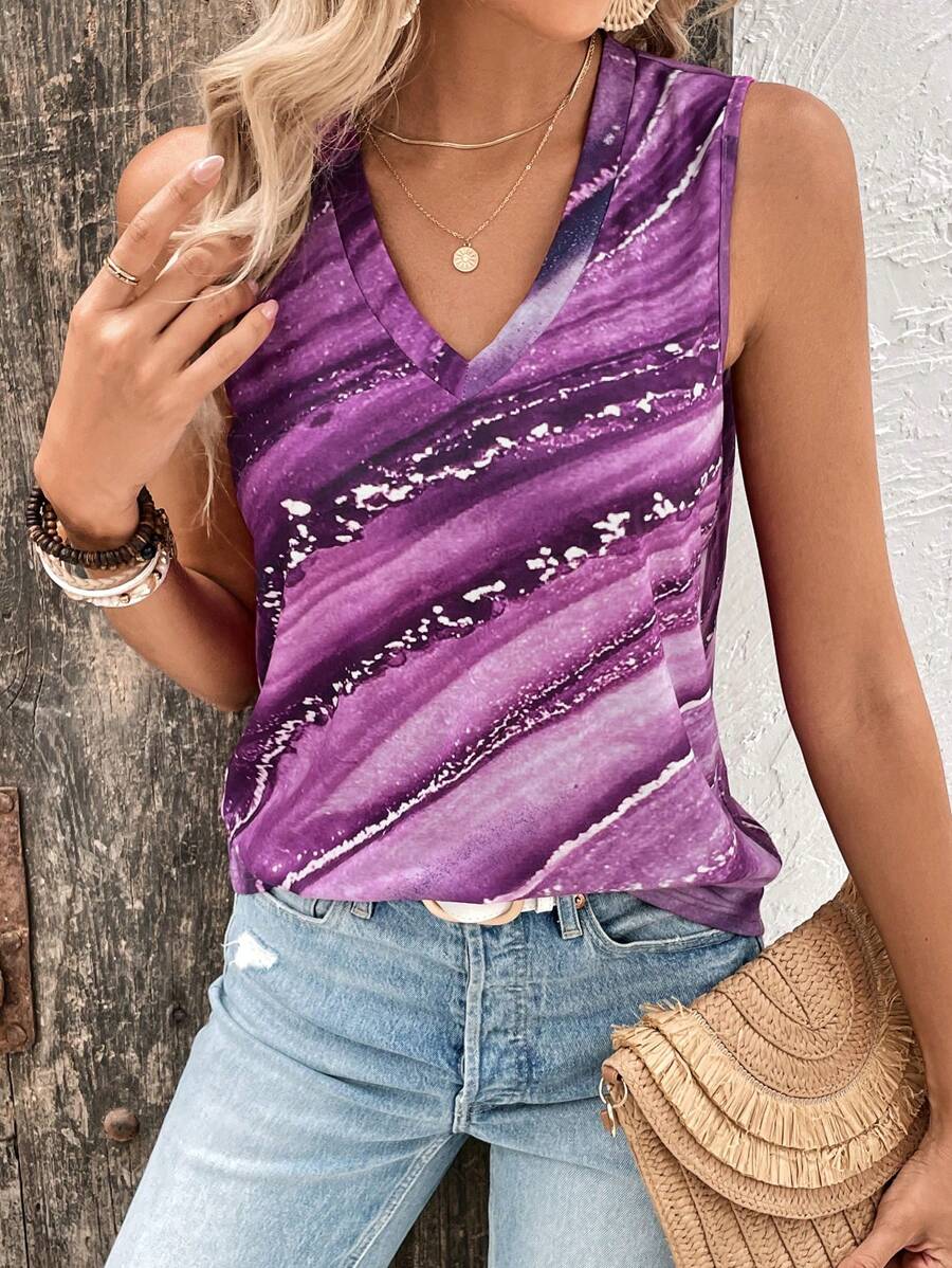 SHEIN LUNE 滿版印花背心上衣 - 紫色 - 查看 1