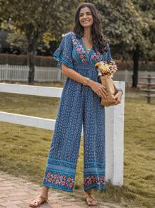 Rusttydustty Áo liền quần nữ Xù Trọn gói Họa tiết hoa Boho - Màu xanh lam - Xem 1
