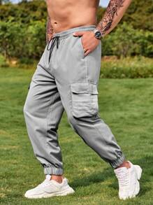 Manfinity Men Flap Pocket Side Drawstring Waist Cargo Trousers - Grey - View 1