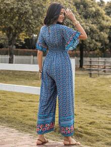 Rusttydustty Áo liền quần nữ Xù Trọn gói Họa tiết hoa Boho - Màu xanh lam - Xem 2