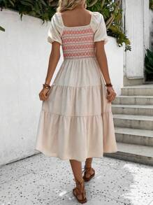 SHEIN LUNE Geo Print Shirred Ruffle Hem Dress Maxi Women Outfit - Apricot - View 2