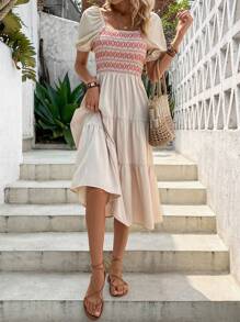 SHEIN LUNE Geo Print Shirred Ruffle Hem Dress Maxi Women Outfit - Apricot - View 4