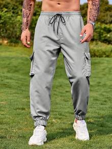 Manfinity Men Flap Pocket Side Drawstring Waist Cargo Trousers - Grey - View 4