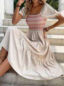 SHEIN LUNE Geo Print Shirred Ruffle Hem Dress Maxi Women Outfit - Apricot - View 5