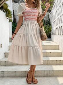 SHEIN LUNE Geo Print Shirred Ruffle Hem Dress Maxi Women Outfit - Apricot - View 6