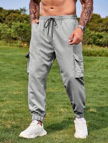 Manfinity Men Flap Pocket Side Drawstring Waist Cargo Trousers - Grey - View 6