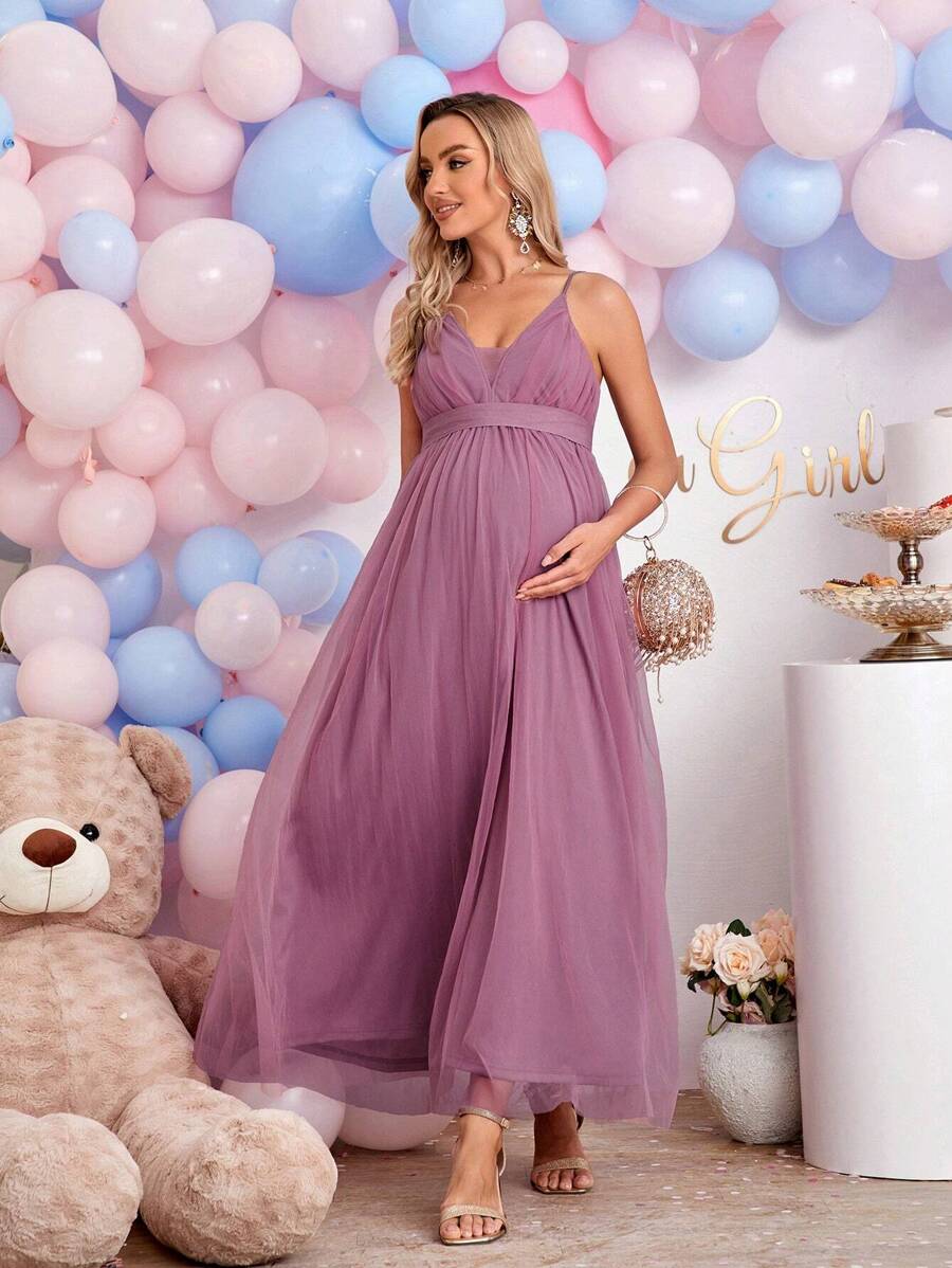 SHEIN Maternity Solid Mesh Cami Dress - Mauve Purple - View 1