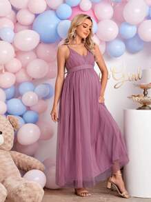 SHEIN Maternity Solid Mesh Cami Dress - Mauve Purple - View 3