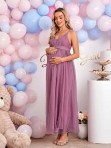 SHEIN Maternity Solid Mesh Cami Dress - Mauve Purple - View 4