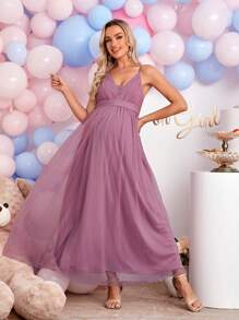 SHEIN Maternity Solid Mesh Cami Dress - Mauve Purple - View 5