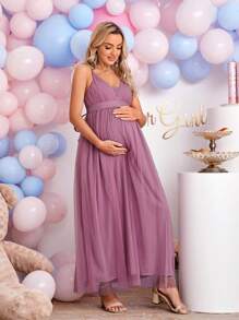 SHEIN Maternity Solid Mesh Cami Dress - Mauve Purple - View 6