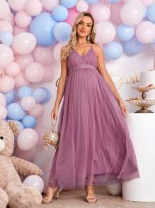 SHEIN Maternity Solid Mesh Cami Dress - Mauve Purple - View 7