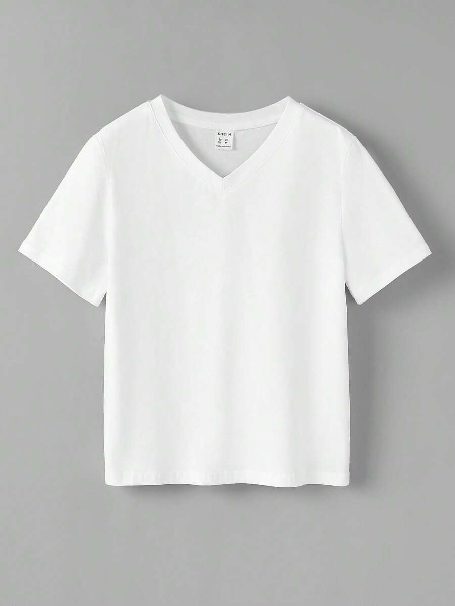 SHEIN 男孩素色V領T恤 - 白色 - 查看 1