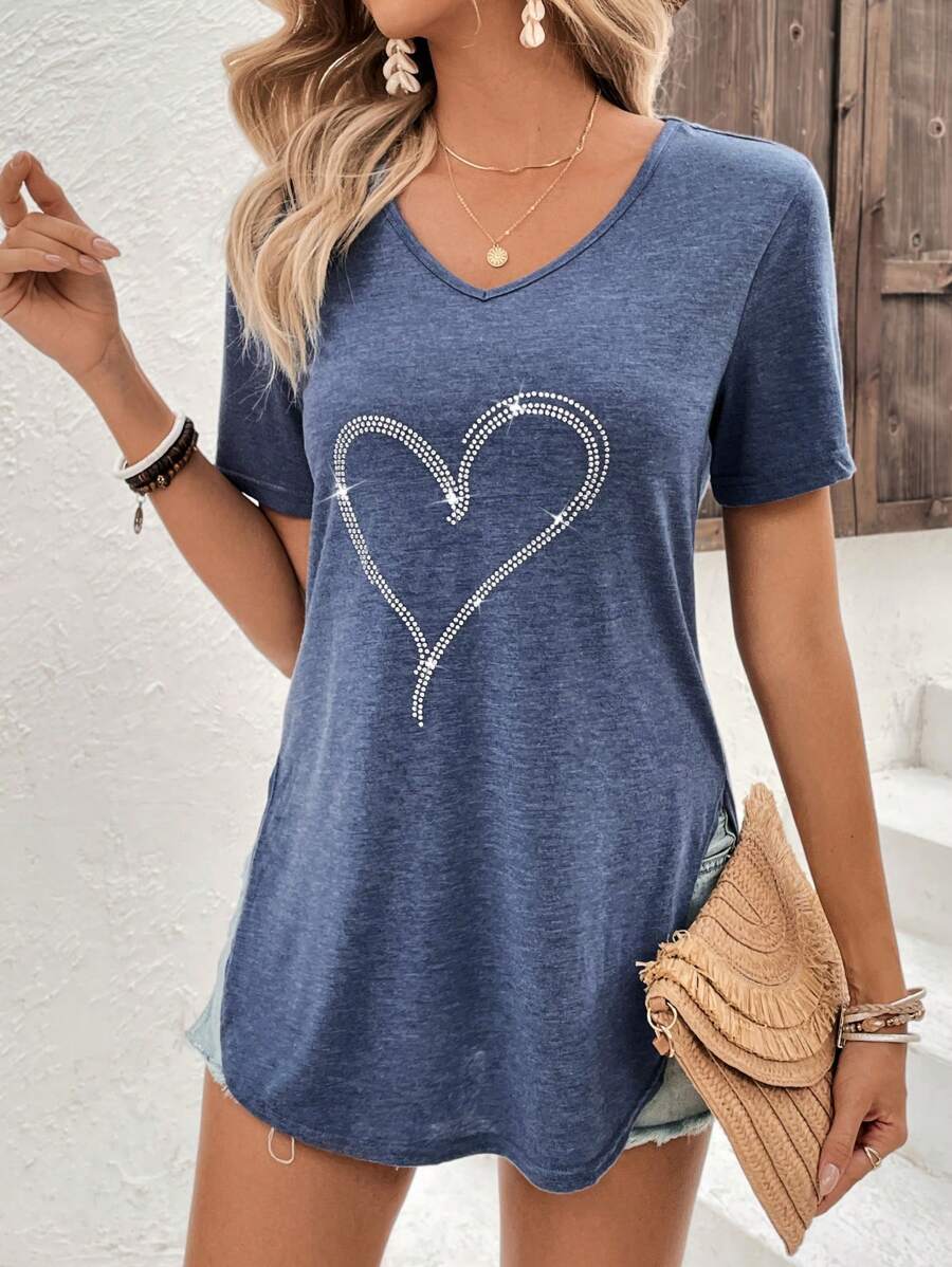 SHEIN LUNE Áo thun nữ Tim Giải trí - Màu xanh bụi bặm - Xem 1