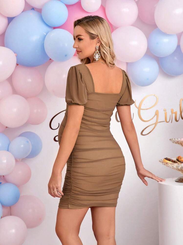 SHEIN 孕婦方領緊身連衣裙 - 卡其色 - 查看 2