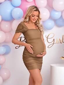 SHEIN Maternity Square Neck Bodycon Dress - Khaki - View 4