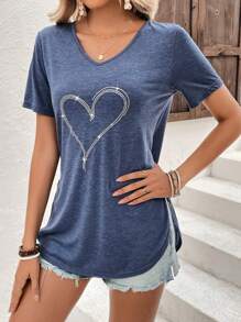 SHEIN LUNE Áo thun nữ Tim Giải trí - Màu xanh bụi bặm - Xem 3