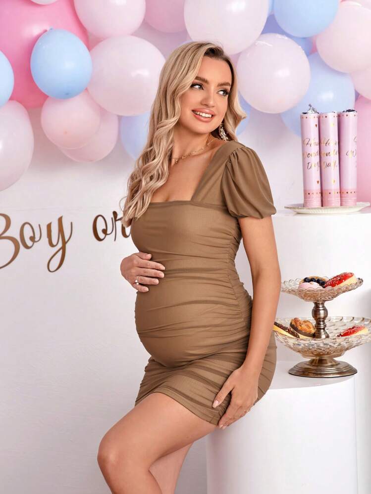 SHEIN 孕婦方領緊身連衣裙 - 卡其色 - 查看 5
