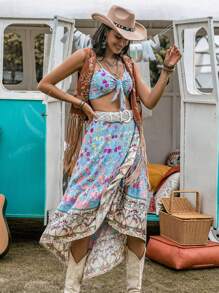 Rusttydustty 印花前打結吊帶上衣和荷葉邊半身裙不附腰帶 - 藍色 - 查看 1