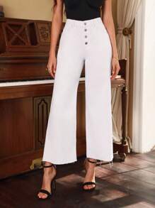 SHEIN Frenchy Button Fly Wide Leg Jeans - White - View 4