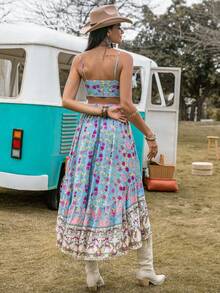 Rusttydustty 印花前打結吊帶上衣和荷葉邊半身裙不附腰帶 - 藍色 - 查看 2