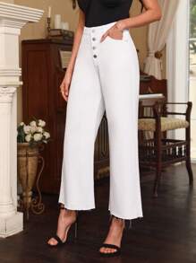 SHEIN Frenchy Button Fly Wide Leg Jeans - White - View 5