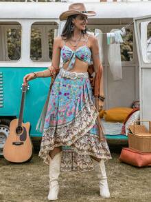 Rusttydustty 印花前打結吊帶上衣和荷葉邊半身裙不附腰帶 - 藍色 - 查看 5