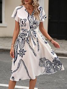 SHEIN LUNE Floral Print Batwing Sleeve Belted Dress