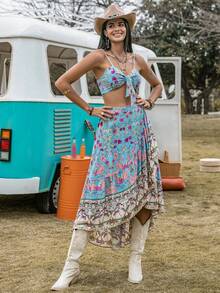 Rusttydustty 印花前打結吊帶上衣和荷葉邊半身裙不附腰帶 - 藍色 - 查看 6