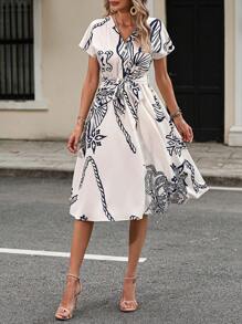 SHEIN LUNE Floral Print Batwing Sleeve Belted Dress