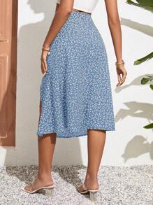 SHEIN VCAY 碎花高衩半身裙 - 藍色 - 查看 2