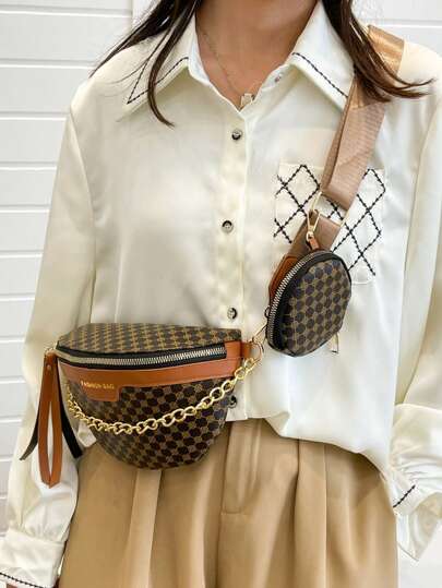 幾何樣式腰包鏈條裝飾帶零錢包