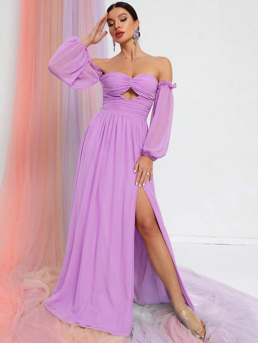 Off Shoulder Cut Out Ruched Split Thigh Chiffon Dress - Purple - View 1