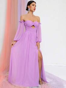 Off Shoulder Cut Out Ruched Split Thigh Chiffon Dress - Purple - View 3