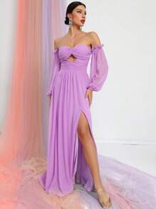 Off Shoulder Cut Out Ruched Split Thigh Chiffon Dress - Purple - View 6